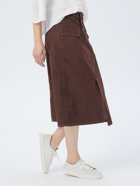 Siqin Spring and Autumn Women's Cotton Brick Red Casual Spliced ​​Slit A-line Half-length Skirt BJQQ006