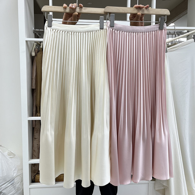 Good texture acetic acid satin draped pleated skirt European 2025 new accordion pleated a-line fishtail mid-length skirt