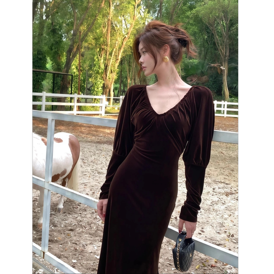 
Flowery retro midnight dream slimming temperament stage sexy woman high-waisted V-shaped dress