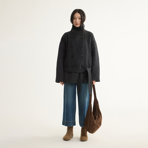 
FuxU Camel velvet mulberry silk woolen jacket Retro double-breasted stand collar short lace-up double-sided woolen coat