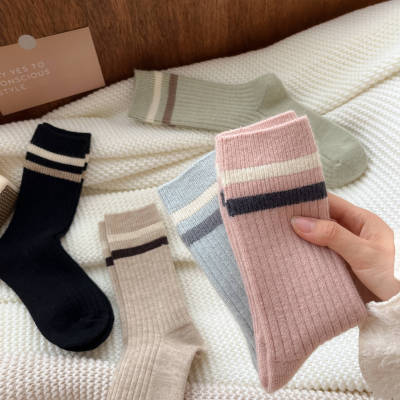 Two Pairs Of Wool Warm Velvet Solid Color Striped Collar Socks Women's Mid-calf Cotton Ins Trendy Autumn And Winter Stockings Sports | EBUY7