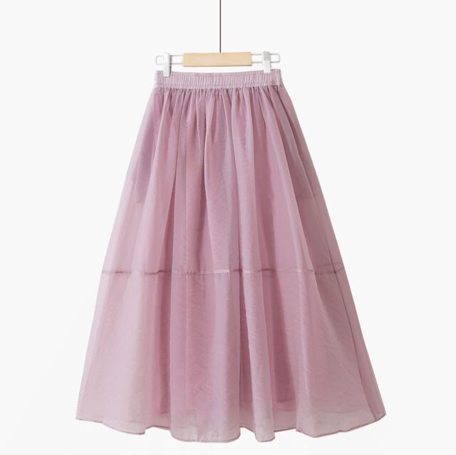 Spring solid color simple and versatile Organ yarn thin sweet pleated high waist pocket mesh mid-length slim skirt