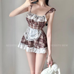 
RESISTU Little Bear Coco Cute Japanese Girl Suspender Skirt Sexy Lace Plaid Maid Apron Uniform Skirt