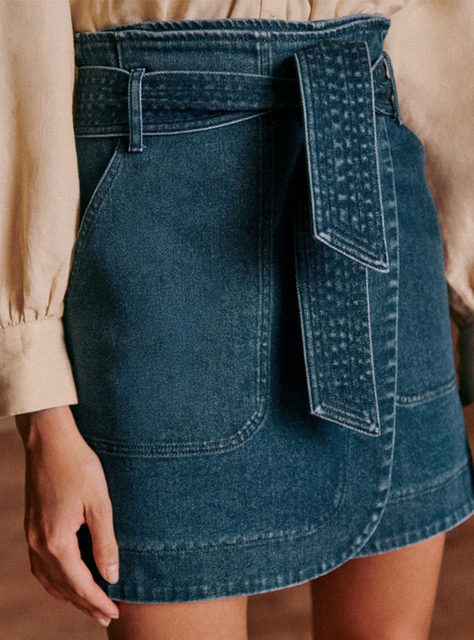 Spot French niche 22-year summer pure cotton retro denim wrap-style high-waist strapped large pocket A-line skirt