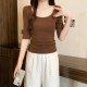 Gray mid -sleeve U -collar bottom shirt female 2024 new spring and autumn slim collar dew back clavicle five -point sleeve top
