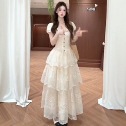 Plus-Size French Romantic Lace Dress for Women, Summer Slimming Waist-Cinching Tiered Dress, Stunning Fairy-Like Long Dress