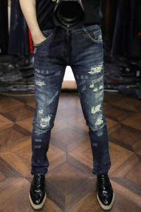 
Milan Station Crown Show Style Heavy Industry Damaged Lined Old Art Washed Stretch Slim Small Foot Jeans for Men