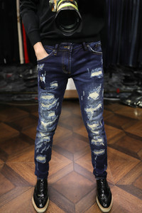 Embroidered mafia emblem with high-quality elastic damage and torn hole lining, deep blue washed slim fit jeans for men