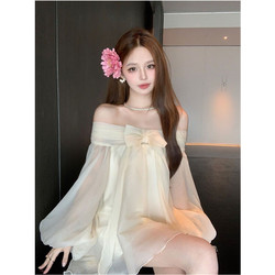 Gentle Style French Bow One-Shoulder Dress for Women, Spring and Summer, Pure and Elegant, Age-Reducing, Loose and Slimming Short Skirt