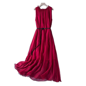 
Sleeveless temperament silk dress 2026 summer mom temperament slim loose belted large hem skirt mid-length skirt
