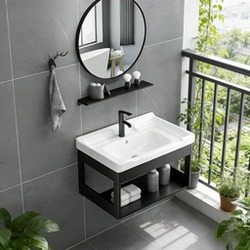 Wall-Mounted Washbasin for Small Bathrooms, Integrated Ceramic Basin, Minimalist Balcony Washbasin Cabinet Combination, Moisture-Proof