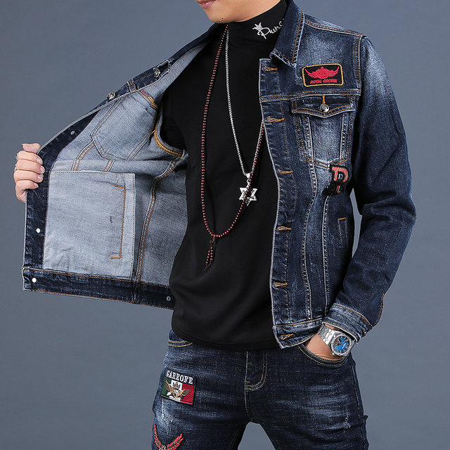 Men's embroidered high-end denim jacket men's trendy brand loose denim ...