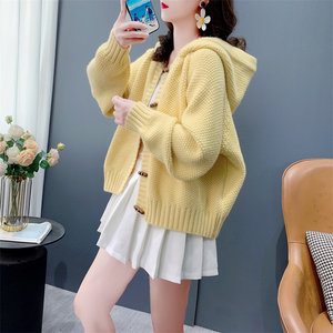 
horn button hooded sweater cardigan for women in autumn 2025 new loose small versatile knitted jacket top