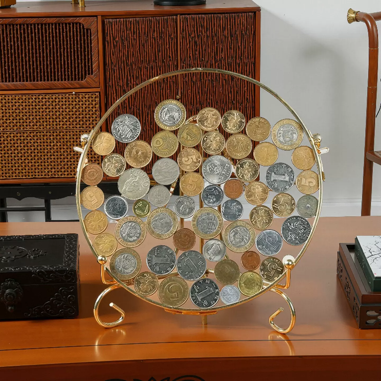 硬币展示框玻璃款北欧风格纪念币展示盒金色挂墙进宝摆件