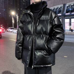 
Winter leather down jacket for men Korean style loose size stand collar thickened Hong Kong style youth couple trendy cotton jacket