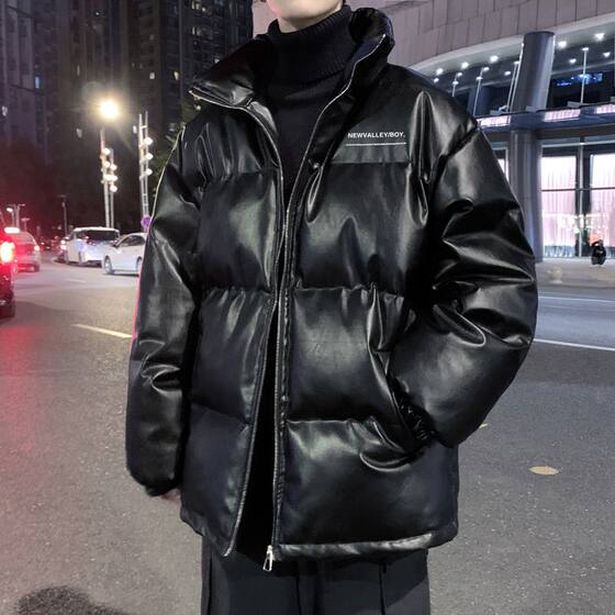 
Winter leather down jacket for men Korean style loose size stand collar thickened Hong Kong style youth couple trendy cotton jacket