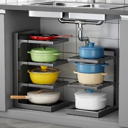 Kitchen Storage Rack Pot Rack Stainless Steel Household Cookware Organizer under Sink Cabinet Corner Wall-Mounted No-Drill Installation