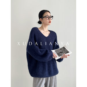Xu Dafaya custom made lazy style mohair wool loose knit sweater autumn and winter retro atmosphere V-neck sweater for women