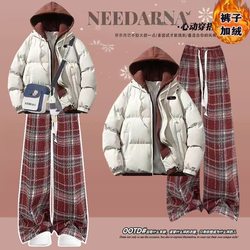 Junior High School Students' Winter Warm Hooded down Cotton Jacket Korean Style Student Trendy Plaid Pants Two-Piece Set