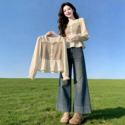 French-Style Square-Neck Long-Sleeve Striped Shirt for Women, Spring 2026 New Style, Waist-Cinching, Slimming, Faux Two-Piece Chiffon Top, Trendy