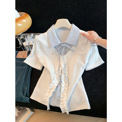 Nanyou High-Quality Women's Clothing! Korean-Style Gentle Style Color-Blocking Faux Two-Piece Ruffled Plaid Short-Sleeve Shirt Top for Summer