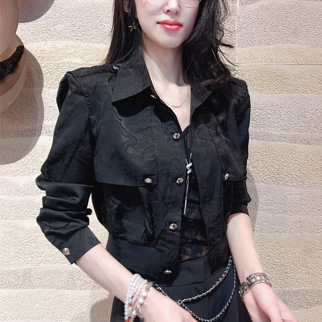 Short jacket for women 2025 spring new high-end printed satin slim black jacket design top