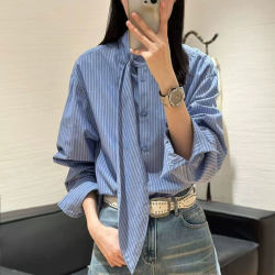 Women's Shirt 2026 Spring New Korean Style Niche Design Ribbon Shirt Women's Loose Versatile Stand-Up Collar Shirt