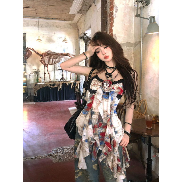 Nanlixiang oil painting art % suspender vest for women in summer sleeveless slim design irregular lace top