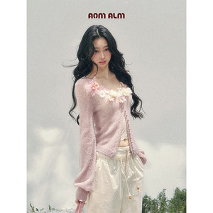 
AOMALM Shao Yeyan'Chunye Soft Wind'% French knitted cardigan three-dimensional flower sweater women's spring V-neck top