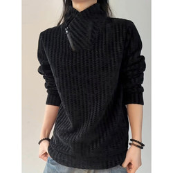 American-Style Diagonal Collar Zipper Heavyweight Sweatshirt for Men, Spring and Autumn Fishbone Pattern Long-Sleeve T-Shirt, Regular Shoulder Fit, Couple's Inner Layer Base Shirt