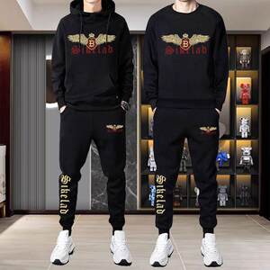 
New autumn and winter hooded sweatshirt sports suit plus velvet thickened men's trendy round neck casual suit two-piece set