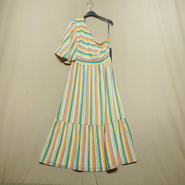 Foreign trade Original Women's Fashion Summer New Seven Color Striped Waist Limited Short -Shop Short -sleeved Long Skirt Women's Dress