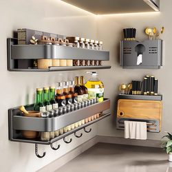 Norwegian Light Luxury Kitchen Storage Rack Spice Rack Carbon Steel Punch-Free Wall-Mounted Condiment Wall Storage Shelf