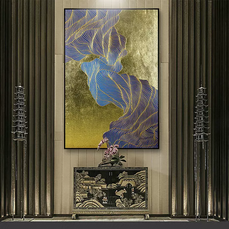 纯手绘金箔线条油画简约抽象装饰画客厅竖版玄关过道挂画