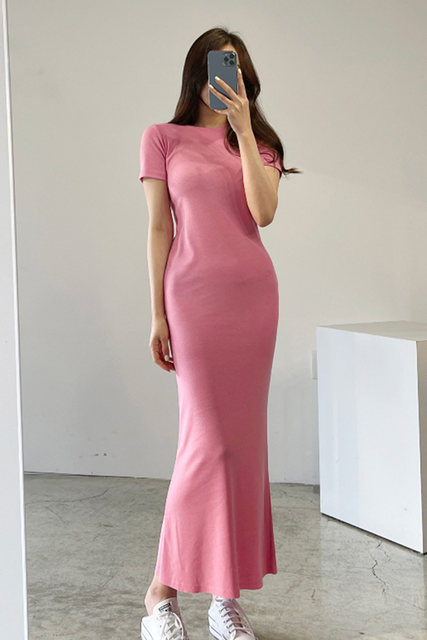 Summer Korean version of the round neck peach pink all-match short ...
