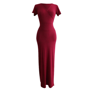 
Spring and summer cross V-neck slit medium-length high waist design elastic and slim short-sleeved dress for women