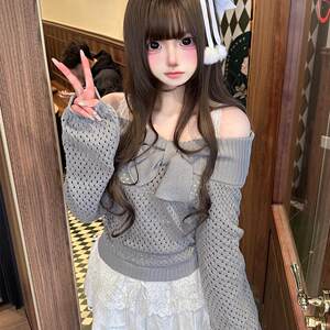 BBING sweet cookies Showa girl, medieval bow, gentle and sweet hollow waist-tightening one-shoulder knitted sweater