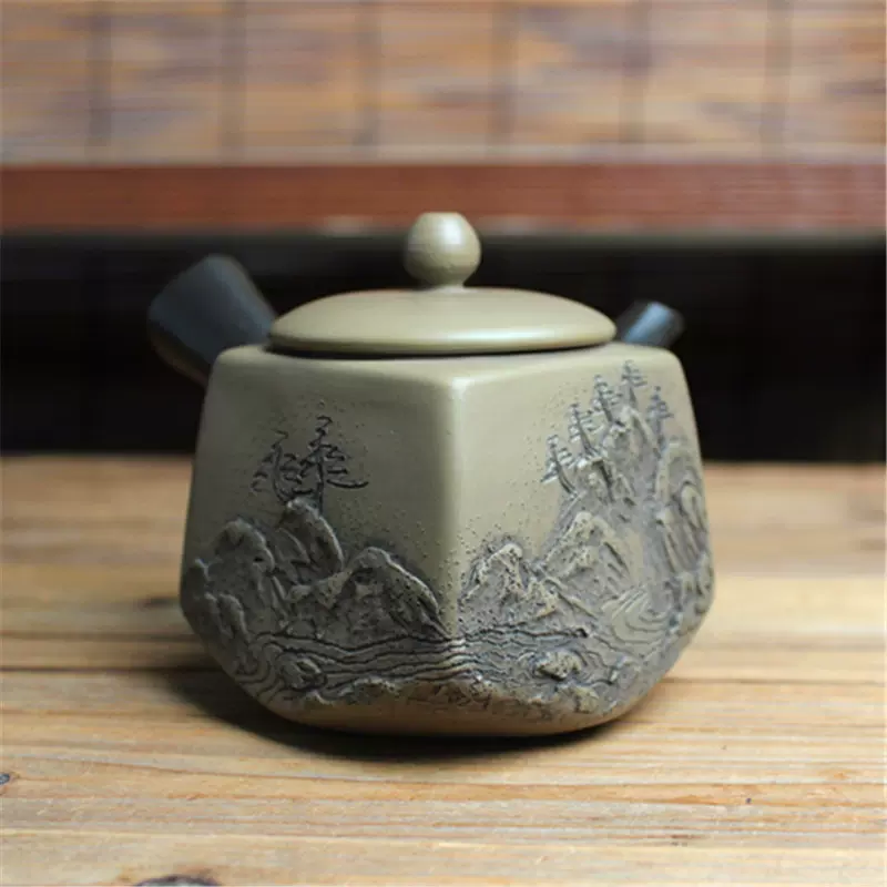 日本常滑烧40年前高美作绿泥窑变雕刻山水横手侧把泡茶急须茶壶