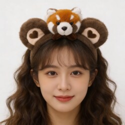 Super Cute Little Raccoon Plush Headband for Women, Fun Cartoon Hairpin, Face-Washing Headband, Small Panda Headwear for Going Out and Taking Photos