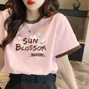 
Niche design pink spliced ​​short-sleeved T-shirt for women in summer new breathable pure cotton loose large size versatile top