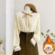 Black fungus lace stand-up collar lace shirt for women in autumn and winter plus velvet thickened sweet inner layer bottom bow shirt top