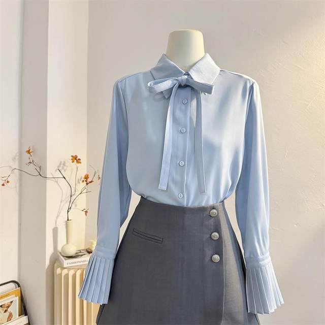 Blue organ trumpet long sleeve bow shirt for women 2025 spring French temperament streamer shirt commuting top

