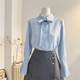 Blue organ trumpet long sleeve bow shirt for women 2025 spring French temperament streamer shirt commuting top
