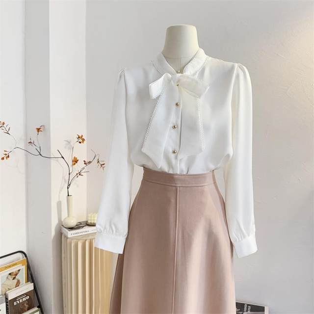 White lace-up bow satin shirt women's long-sleeved spring commuting shirt age-reducing temperament shirt top