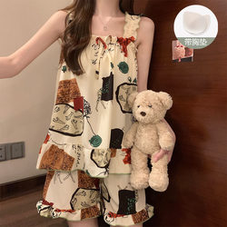 High-End Summer Suspender Pajamas for Women, Sleeveless Vest with Breast Pads, Home Wear Two-Piece Set That Can Be Worn Outside in Summer