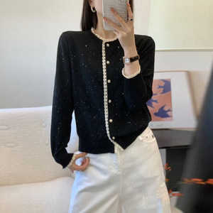 
Lace Sequined Knitted Cardigan Women's 2026 Spring New Thin Wool Jacket Design Top