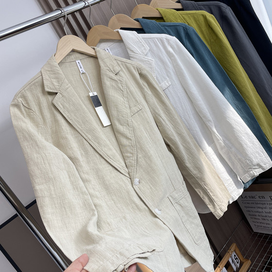 
Ramie! Spring men's foreign trade thin and fashionable solid color single-layer suit tops business casual blazer trend