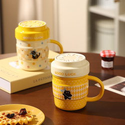Cute Mug, Office Ceramic Water Cup with Lid, High-Looking Couple Cup for Girls, Kitten Cup, Souvenir Gift