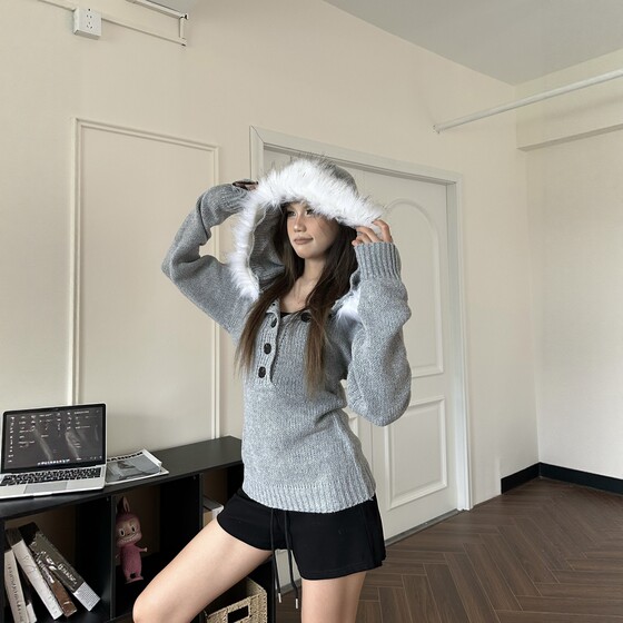 
DHSS American retro button-wool collar hooded sweater for women loose slim and slim lazy style knitted jacket top