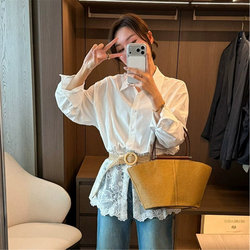 French White Shirt for Women 2026 Early Spring High-End Work Clothing Style Linen Shirt Loose Spliced ​​Lace Top